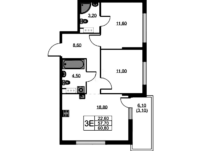 2-комнатная квартира 60.8 м², 4/11 эт., ЖК «А101 Лаголово»
